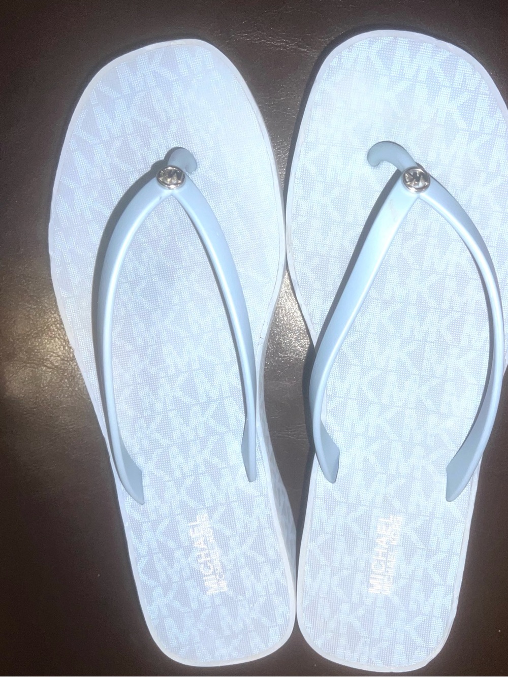 Michael Kors Pale Blue Logo Flip Flop Sandals with Metallic Accent